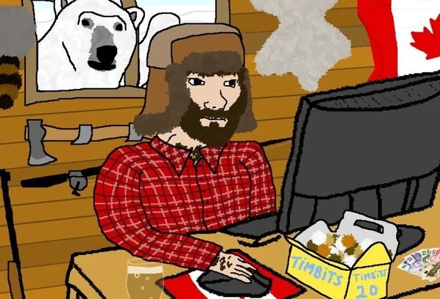 A picture of a lumberjack in a cabin on a computer with a Canadian flag and a polar bear