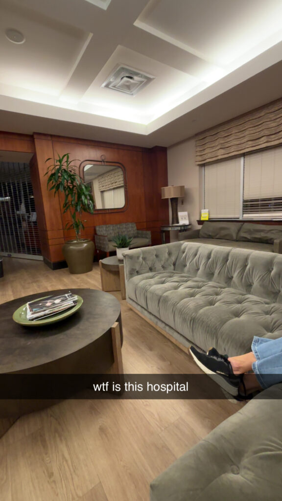 A well decorated room with nice couches, a coffee table and a mirror. There's a snapchat caption that says "wtf is this hospital".